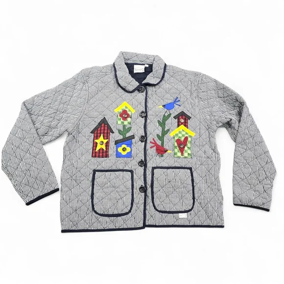 Vintage Folk Art Quilted Jacket Birdhouse Applique Gingham Large - Picture 1 of 14